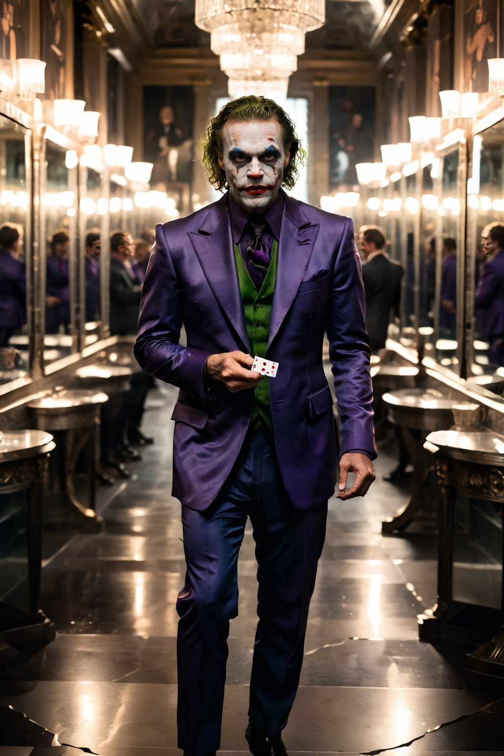 	“Joker and his house of mirrors”: Picture the Joker inside a dimly lit hall of mirrors, his reflection multiplied infinitely around him. Each reflection distorts his maniacal laugh, and in his hand, he holds a cracked mirror with his iconic playing card tucked inside. The shattered reflections and warped glass create an eerie and chaotic composition, blending his grin with the madness of the environment.