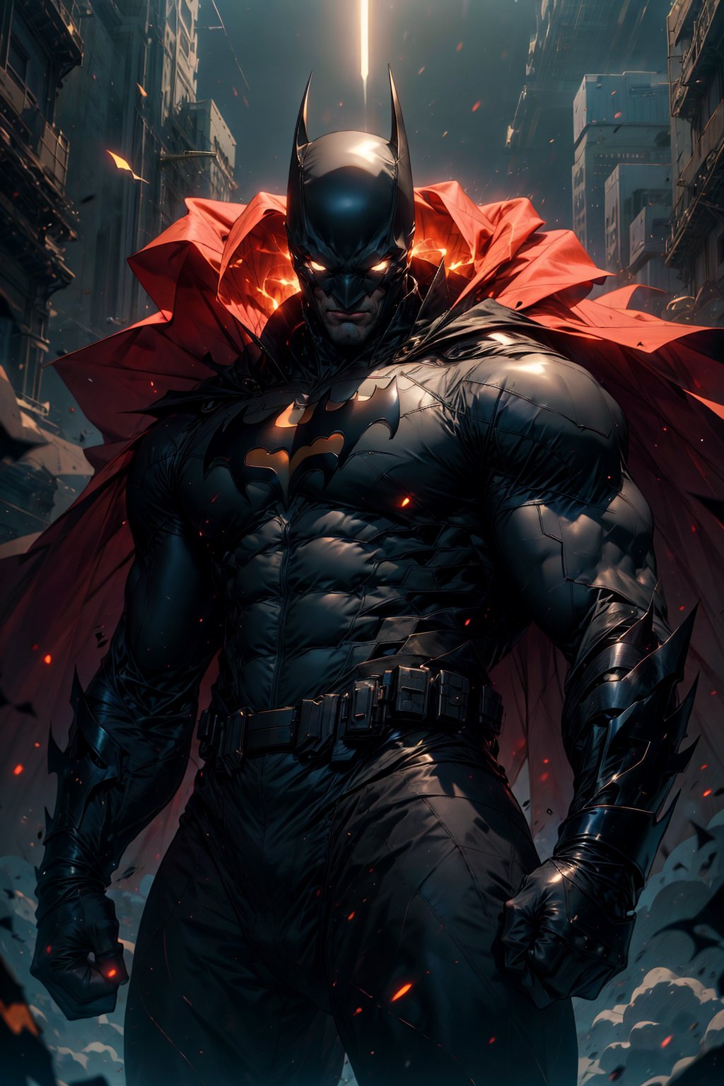 “Generate a tensor art version of Batman. Focus on his silhouette with sharp, angular lines. Highlight his cape with flowing, geometric shapes. Use dark tones—black, grey, and subtle blues. Include a minimalist Gotham skyline in the background with simple, abstract shapes. The bat symbol on his chest should stand out with clean lines. Use light and shadow contrast to add depth.”