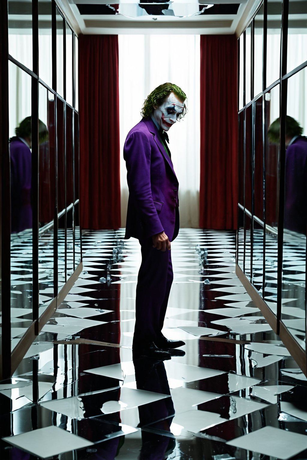 	“Joker and his house of mirrors”: Picture the Joker inside a dimly lit hall of mirrors, his reflection multiplied infinitely around him. Each reflection distorts his maniacal laugh, and in his hand, he holds a cracked mirror with his iconic playing card tucked inside. The shattered reflections and warped glass create an eerie and chaotic composition, blending his grin with the madness of the environment.