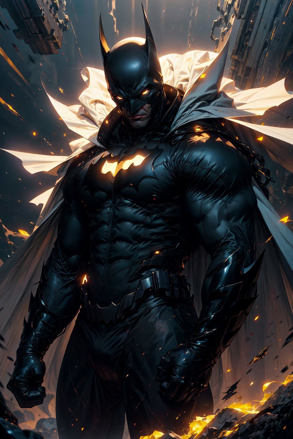 “Generate a tensor art version of Batman. Focus on his silhouette with sharp, angular lines. Highlight his cape with flowing, geometric shapes. Use dark tones—black, grey, and subtle blues. Include a minimalist Gotham skyline in the background with simple, abstract shapes. The bat symbol on his chest should stand out with clean lines. Use light and shadow contrast to add depth.”