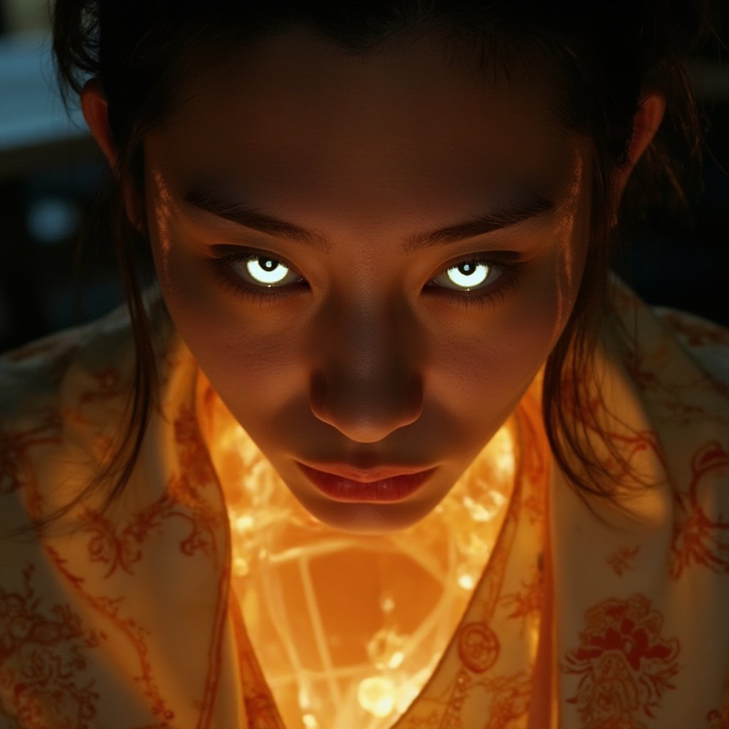 A close-up shot of Nezuko Kamado's face, lit by a warm golden glow emanating from within his kimono. His eyes, once milky white, now gleam with a faint blue light as he stares intently ahead. A delicate network of veins and arteries is visible beneath his translucent skin, highlighting the complexity of his reborn physiology.