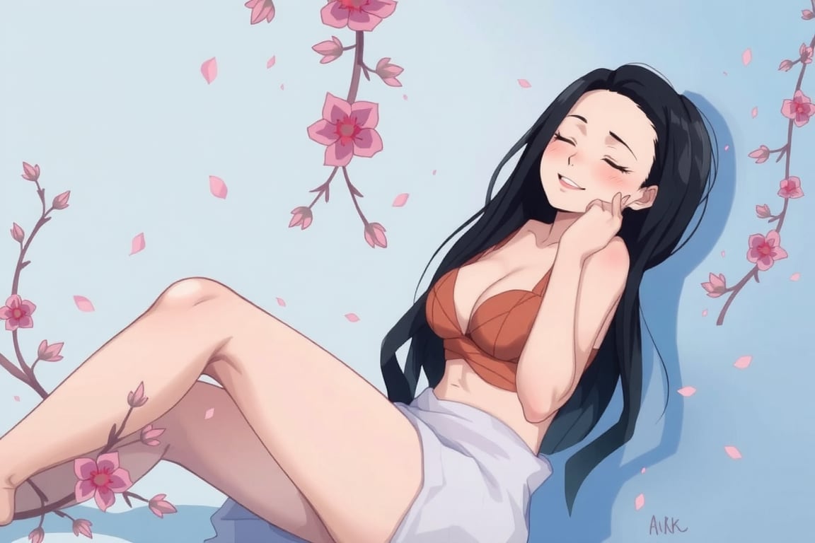 In a serene, lo-fi environment, reminiscent of Keith Negley's whimsical illustrations, a stunning woman sits in peaceful repose. Her eyes closed, her hand gently resting on her cheek as if savoring the serenity. Soft blue hues envelop her, with delicate flowers and abstract elements swirling around like ethereal mist. Her face is a masterpiece of gentle curves, her smile subtle yet radiant, inviting the viewer to bask in her tranquil aura. The overall aesthetic exudes a sensual, anime-inspired quality, with a focus on soft textures and an emphasis on the subject's voluptuous figure. In this 16k UHD illustration, every detail shines like a precious gem, transporting the viewer to a world of calming contemplation.