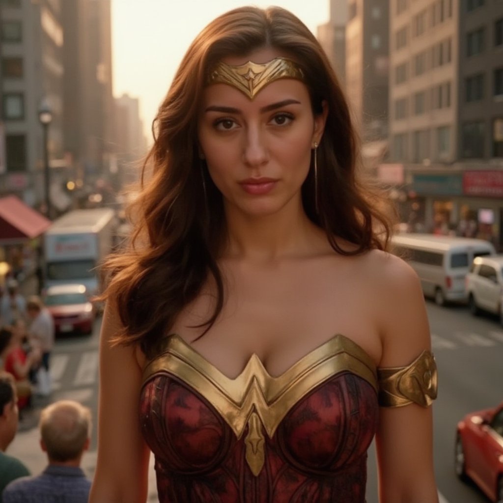 Close-up shot of Wonder Woman standing confidently in a heroic pose, with her iconic tiara and lasso of truth at the ready. Soft, warm lighting illuminates her determined expression, emphasizing her unyielding spirit. The background is a blurred cityscape, with skyscrapers and bustling streets fading into the distance.,sexy