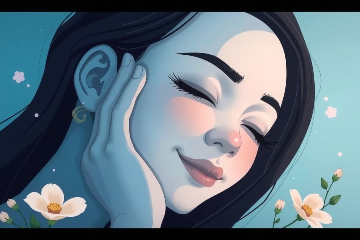 It generates a high-quality cinematic image, extreme detail, ultra definition, extreme realism, high-quality lighting, 16k UHD, a vector illustration of a woman at peace smiling with a hand on her face as if resting in blue tones for a meditation application, lofi style in the style of Keith Negley, Mike Mignola, Jon Klassen. with flowers and abstract elements around