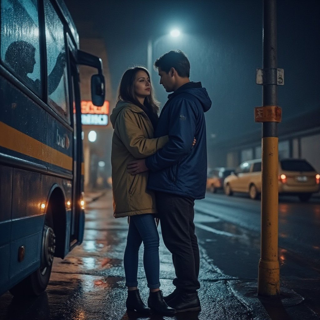 In a poignant scene at the intercity bus terminal, a couple's tender moment is shattered by impending heartache. Two young people, both 28, stand under the rain-soaked night sky, their love hanging precariously in the balance. The girl wears a raincoat and jeans, her blue jeans peeking out from beneath, while the man sports a blue jacket and matching pants. As they part ways, the girl's face contorts with grief, tears streaming down her cheeks as she's about to be left alone. In a desperate attempt to cling to their love, the man waves at her from inside the bus, his hand a blur through the wet glass. The girl's cries echo through the deserted terminal, the only sound in an otherwise silent, rain-lashed night. Shot from outside, the couple's anguished expressions are etched on their faces, their upper bodies visible as they face the viewer, bathed in the soft glow of neon lights reflecting off the wet pavement. This ultra-realistic 8K image captures the poignancy and heartache of a couple's goodbye under the rain-soaked stars.