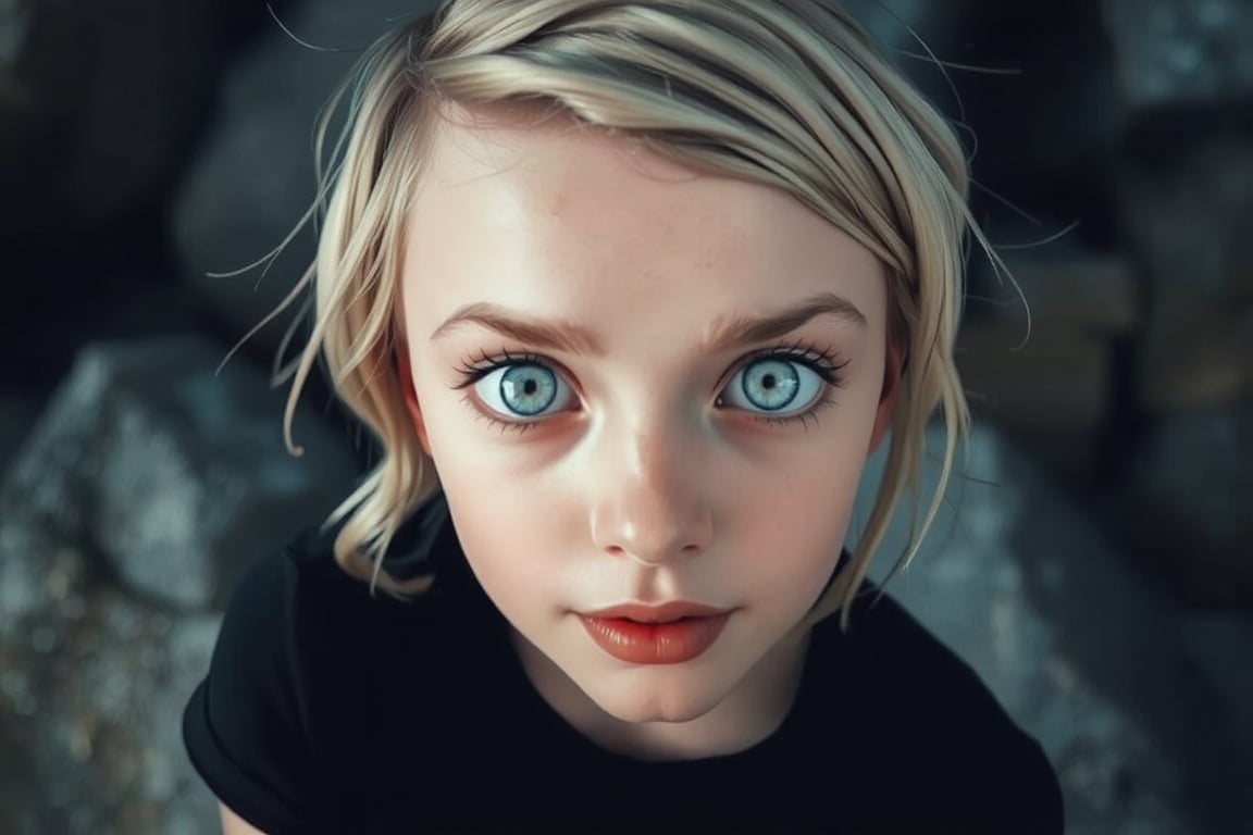 A cinematic masterpiece, ((top quality)), presents a stunning close-up portrait of a young gothic girl. Her punky hairstyle is perfectly framed in the center, with her front view showcasing her striking features. A black T-shirt and subtle shading accentuate her ethereal eyes, a mesmerizing contrast of very light blue against darkened orbs. Short blonde hair frames her heart-shaped face, where intricate details and high-definition mouth capture attention. Soft, cinematic lighting illuminates this photo of perfect eyes, as if bathed in an otherworldly glow.