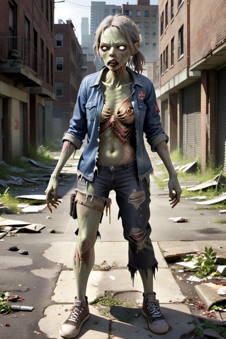 Realistic, full-body image of a zombie, detailed decaying skin, and tattered clothing, set in an abandoned urban area.