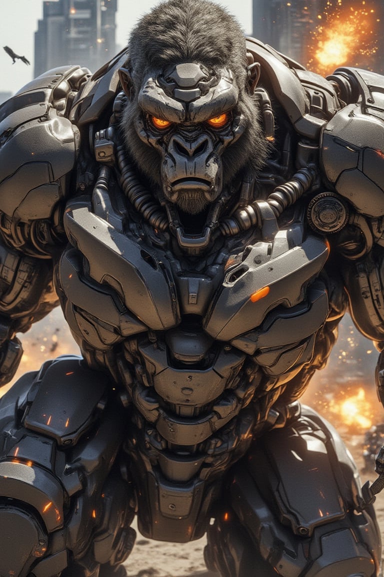 Masterpiece, (8K High Resolution), (Ultra High Resolution 3840 x 2160), (Ultimate Subjective), (12K Ultra High Resolution Wallpaper 8k). A striking depiction of a gorilla transformer in mid-transformation, showcasing its powerful robotic form merging seamlessly with organic features. The gorilla's muscular frame gleams with metallic surfaces and intricate mechanical details, while its eyes glow with a fierce intelligence. The background features a dynamic urban environment, with towering buildings and scattered debris from previous battles. Sparks fly and gears whir as the transformer prepares for action, embodying strength and agility. The scene captures the essence of both animal and machine, creating an awe-inspiring visual of this unique hybrid character.