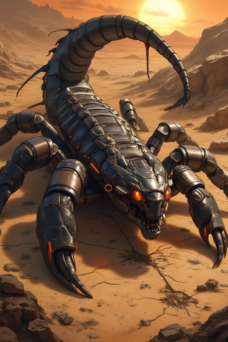 Masterpiece, (8K High Resolution), (Ultra High Resolution 3840 x 2160), (Ultimate Subjective), (12K Ultra High Resolution Wallpaper 8k). A striking depiction of a fantastical creature that combines an escorpión with extraordinary features. This hybrid being boasts a long, segmented body resembling that of a centipede, covered in sleek, armored plating. Its pincers are transformed into massive, reinforced crab claws, glinting with metallic accents that suggest immense strength. At the end of its tail, a sharp, venomous stinger reminiscent of a wasp adds a menacing touch. The head is that of a dragon, complete with fierce eyes and sharp, intimidating teeth. The background features a desolate, arid landscape, with cracked earth and sparse vegetation under a blazing sun, enhancing the creature's formidable presence in this harsh environment. The overall scene captures a sense of awe and danger, highlighting the creature’s unique blend of traits in a striking fantasy setting.