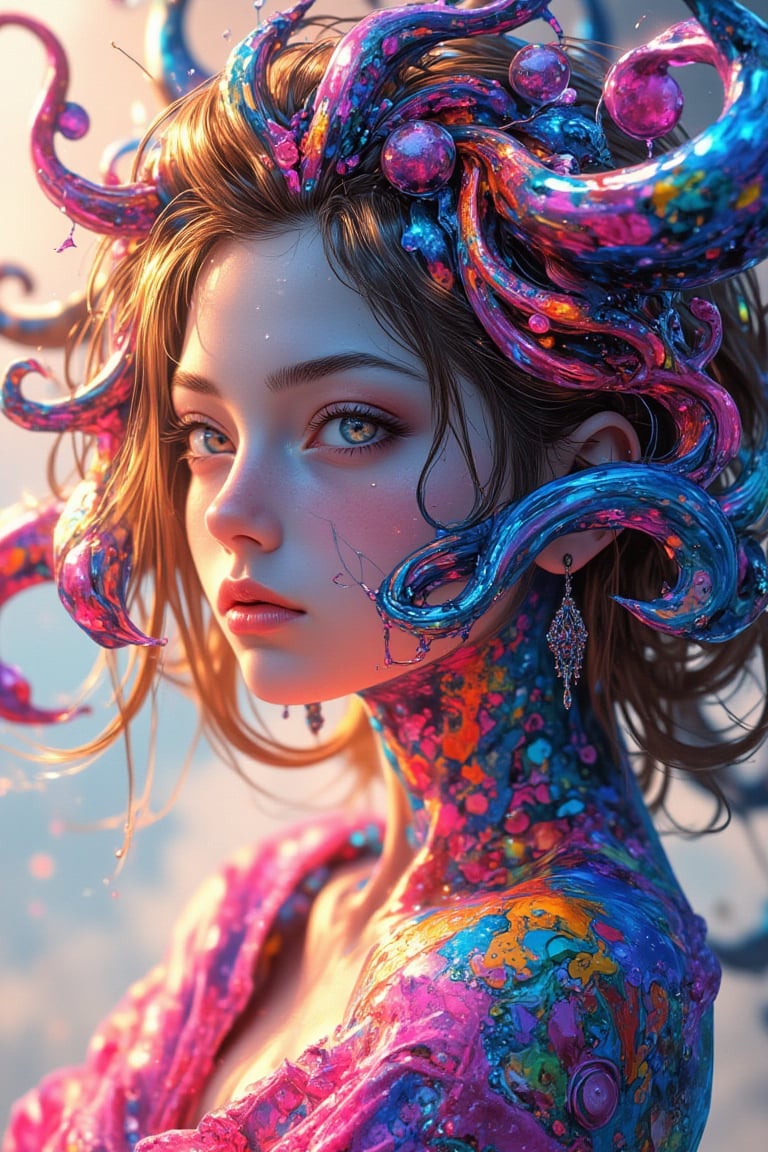 Masterpiece, (8K High Resolution), (Ultra High Resolution 3840 x 2160), (Ultimate Subjective), (12K Ultra High Resolution Wallpaper 8k). An abstract female figure composed of swirling colors and flowing shapes, representing emotion and movement. The figure is adorned with vibrant patterns that blend seamlessly into a dreamlike background of soft hues. Ethereal elements like sparkling stars and wispy clouds surround her, creating a sense of freedom and creativity.