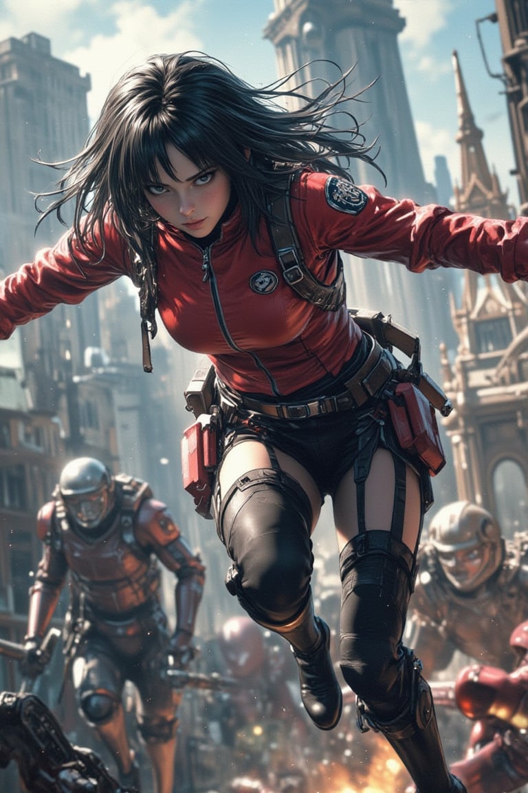 Masterpiece, (8K High Resolution), (Ultra High Resolution 3840 x 2160), (Ultimate Subjective), (12K Ultra High Resolution Wallpaper 8k). A breathtaking depiction of Mikasa Ackerman in action, skillfully maneuvering through the air with her vertical maneuvering equipment, preparing to strike a Titan. Her expression is focused and fierce, with her hair flowing behind her. The backdrop features a Titan towering over the cityscape, with other soldiers engaging in combat, showcasing the intensity of the battle.