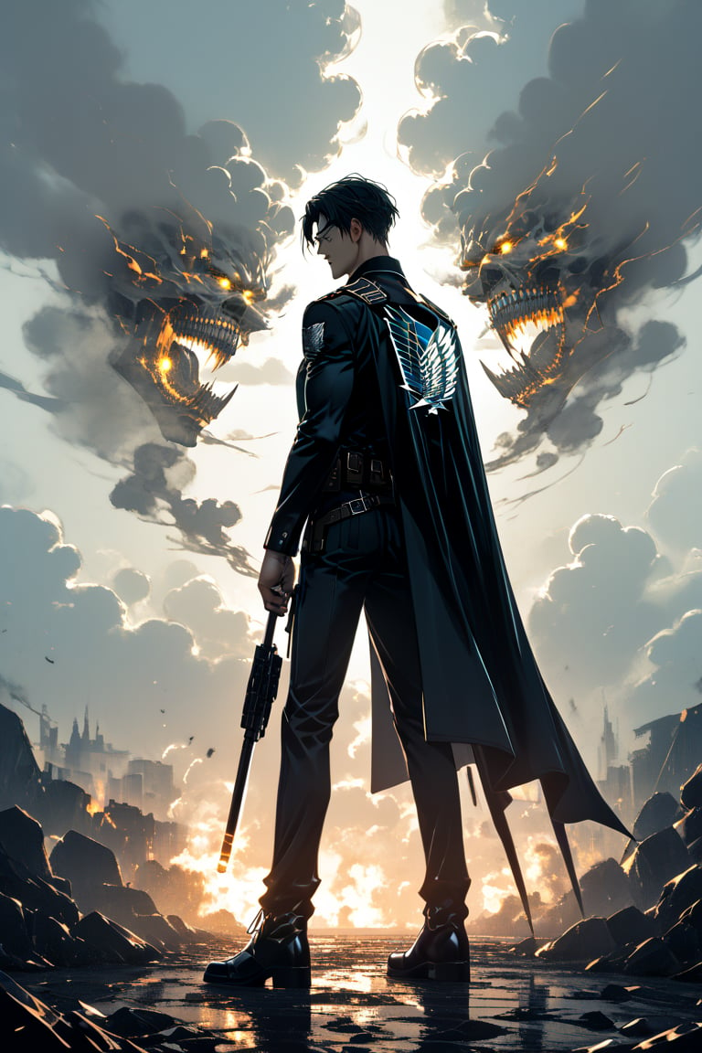 1boy, boots, eren_yeager, jacket, three-dimensional_maneuver_gear, giant, black_hair, paradis_military_uniform, glowing_eyes, male_focus, smoke, cape, from_behind, standing, holding, short_hair, belt, long_sleeves, levi_(shingeki_no_kyojin), glowing, teeth (8K High Resolution), (Ultra High Resolution 3840 x 2160), (Ultimate Subjective), (12K Ultra High Resolution Wallpaper 8k)