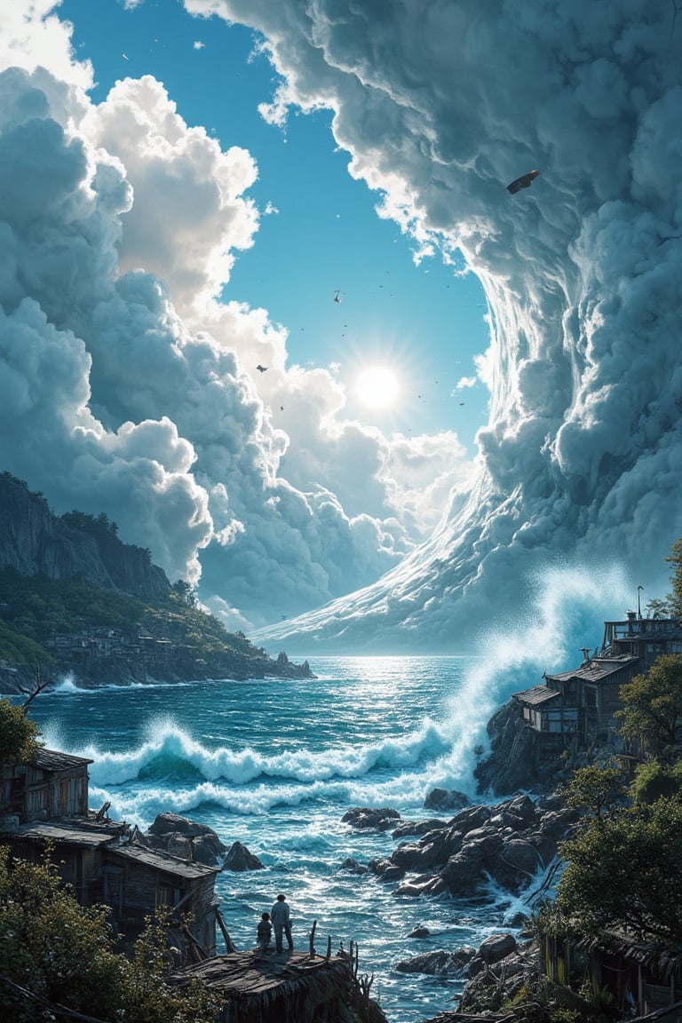 Masterpiece, (8K High Resolution), (Ultra High Resolution 3840 x 2160), (Ultimate Subjective), (12K Ultra High Resolution Wallpaper 8k). A captivating hyper-anime realistic 3D depiction of the aftermath of a massive meteorite impact in a serene coastal village. The scene shows the tranquil waters now disturbed, with waves crashing violently against the shore. The sky is filled with swirling clouds and remnants of the meteorite, while villagers look on in shock and disbelief. The contrast between the calm beauty of the sea and the chaos of the impact creates a powerful visual narrative.