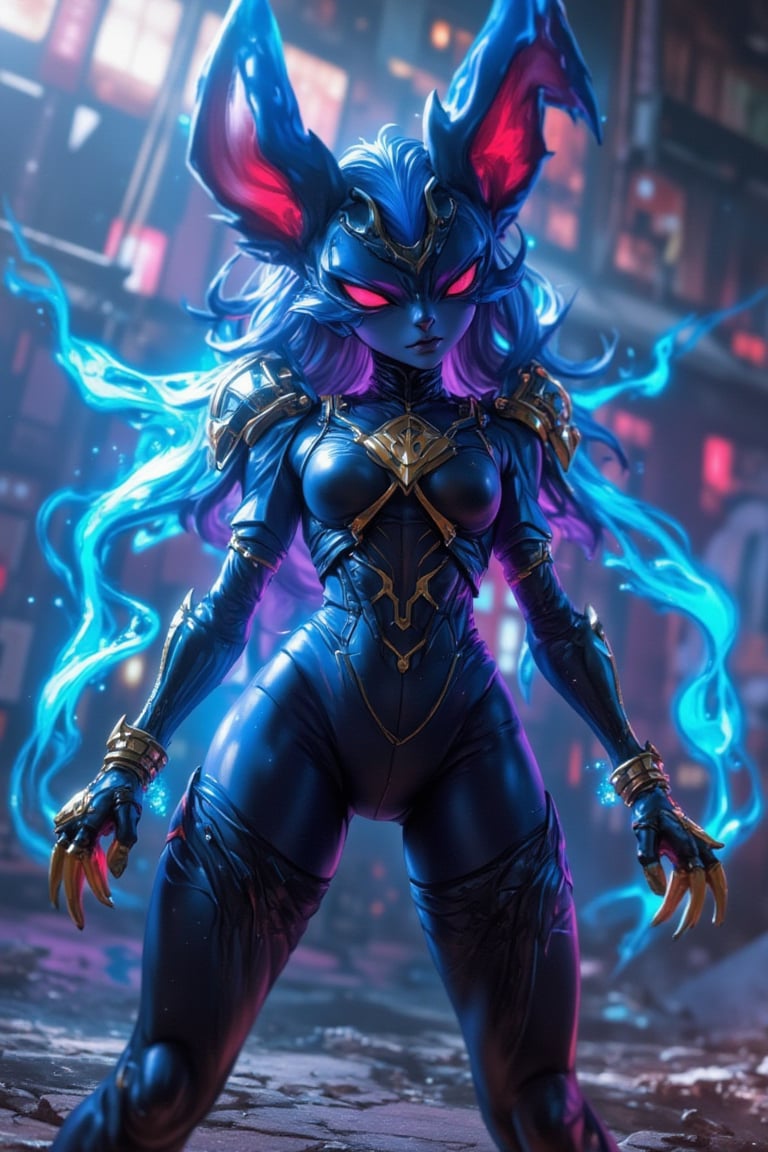 Masterpiece, (8K High Resolution), (Ultra High Resolution 3840 x 2160), (Ultimate Subjective). A captivating depiction of a female Lucario, her sleek body highlighted by her powerful stance. The anime-style accentuates her curves while keeping her fierce demeanor. The backdrop features a dynamic battle arena with glowing energy effects, emphasizing her strength and allure.