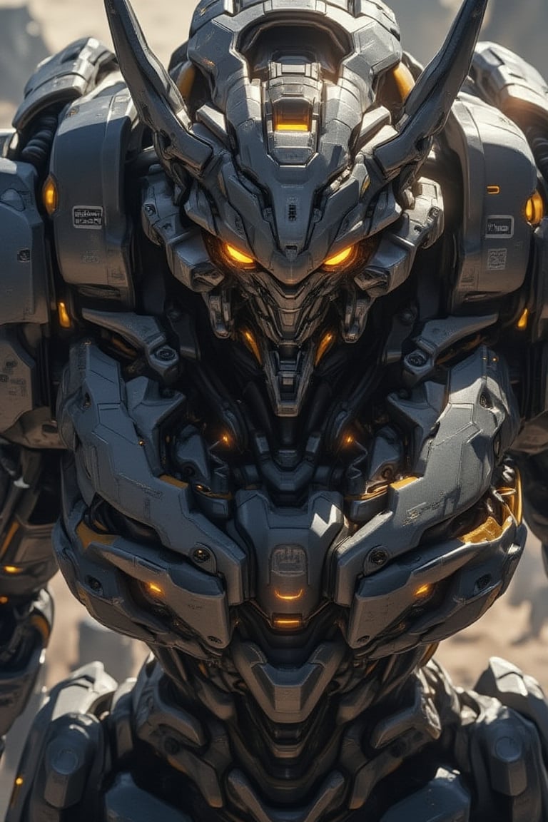 Masterpiece, (8K High Resolution), (Ultra High Resolution 3840 x 2160), (Ultimate Subjective), (12K Ultra High Resolution Wallpaper 8k). A captivating portrayal of a powerful mecha robot, standing solo in a futuristic setting. The robot features an intricate design, with glowing yellow eyes that pierce through the shadows, radiating an aura of intelligence and strength. Horns protrude from its head, adding an intimidating presence as it looks down with a fierce gaze. The background is a sci-fi landscape, with a blend of sleek architecture and advanced technology, enhancing the robot's dominance in the scene. The overall composition highlights the solitary nature of the mecha, evoking a sense of awe and intrigue in this stunning science fiction visual.