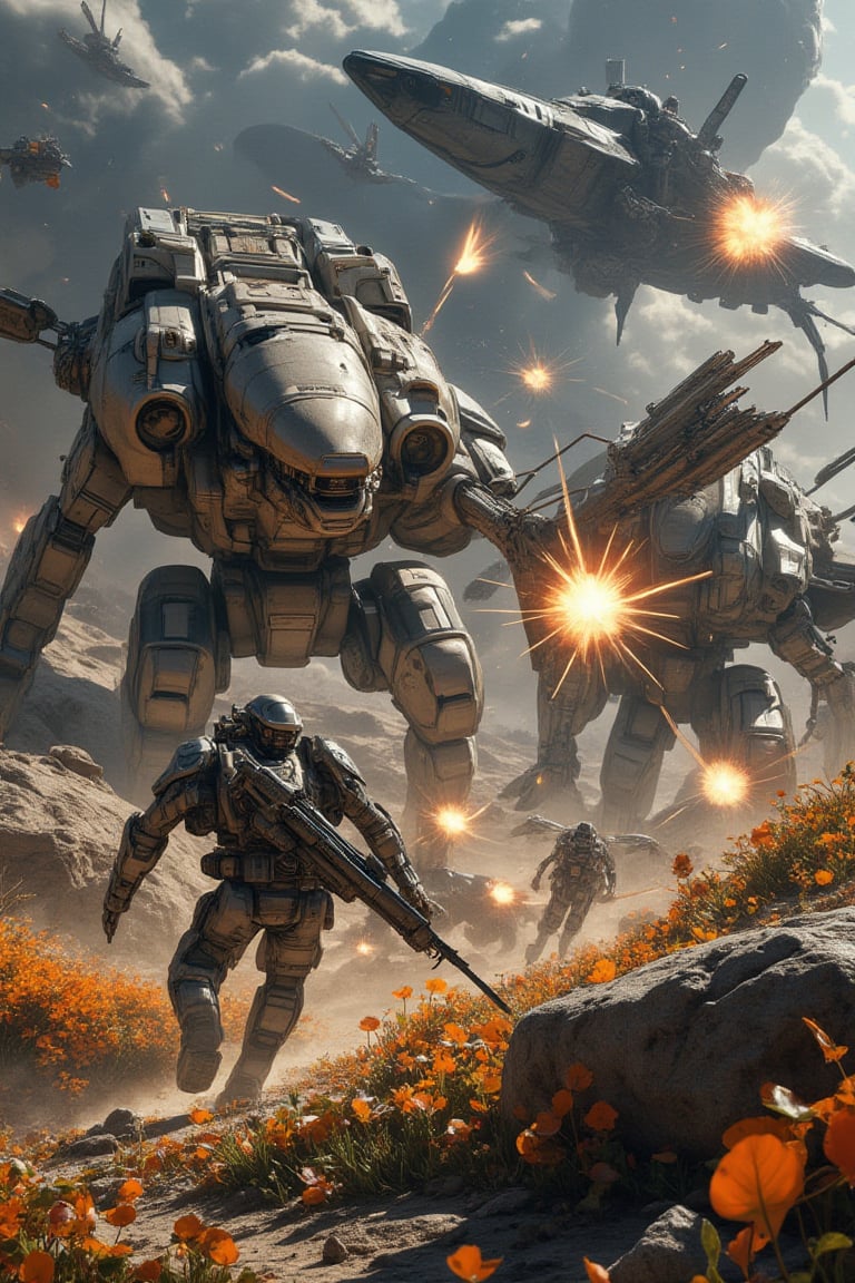 Masterpiece, (8K High Resolution), (Ultra High Resolution 3840 x 2160), (Ultimate Subjective), (12K Ultra High Resolution Wallpaper 8k). An intense scene capturing a ground battle on a vibrant, lush alien world, where soldiers in sleek bio-armors fight against enormous insectoid creatures. The landscape is rich with colorful vegetation and strange, bioluminescent plants. Energy weapons blaze as chaos ensues, and above them, the silhouettes of larger-than-life aerial ships engage in a spectacular air assault.