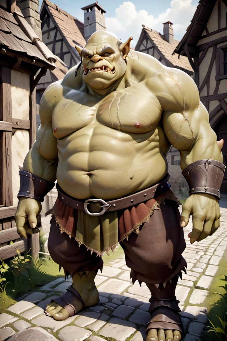  Realistic depiction of a monstrous ogre, detailed skin texture, and clothing, set in a medieval village.