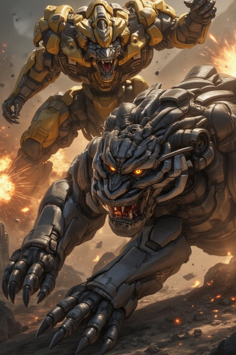 Masterpiece, (8K High Resolution), (Ultra High Resolution 3840 x 2160), (Ultimate Subjective), (12K Ultra High Resolution Wallpaper 8k). A thrilling depiction of an epic battle between two giant transformers: a powerful lion and a fierce tiger, both in their robotic forms. The lion transformer, with its golden metallic mane and muscular build, stands poised on a rocky outcrop, its eyes glowing with determination. The tiger transformer, with sleek stripes of silver and black, lunges from the shadows, its claws extended and ready for combat. The background is a dramatic landscape filled with crumbling ruins and fiery explosions, highlighting the intensity of their clash. Sparks fly as the two titans collide, showcasing their raw power and agility in this breathtaking showdown. The atmosphere is charged with tension, capturing the essence of an epic battle between two magnificent beasts reimagined as incredible machines.
