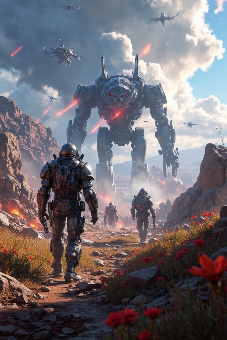 Masterpiece, (8K High Resolution), (Ultra High Resolution 3840 x 2160), (Ultimate Subjective), (12K Ultra High Resolution Wallpaper 8k). A dramatic depiction of a ground battle on an alien planet, where soldiers in futuristic armor clash with towering war machines. The landscape is a mix of rocky terrain and alien flora, with bright, unfamiliar colors. Explosions rock the ground as energy blasts fly overhead, and the sky is filled with the silhouettes of distant spacecraft engaging in aerial combat.