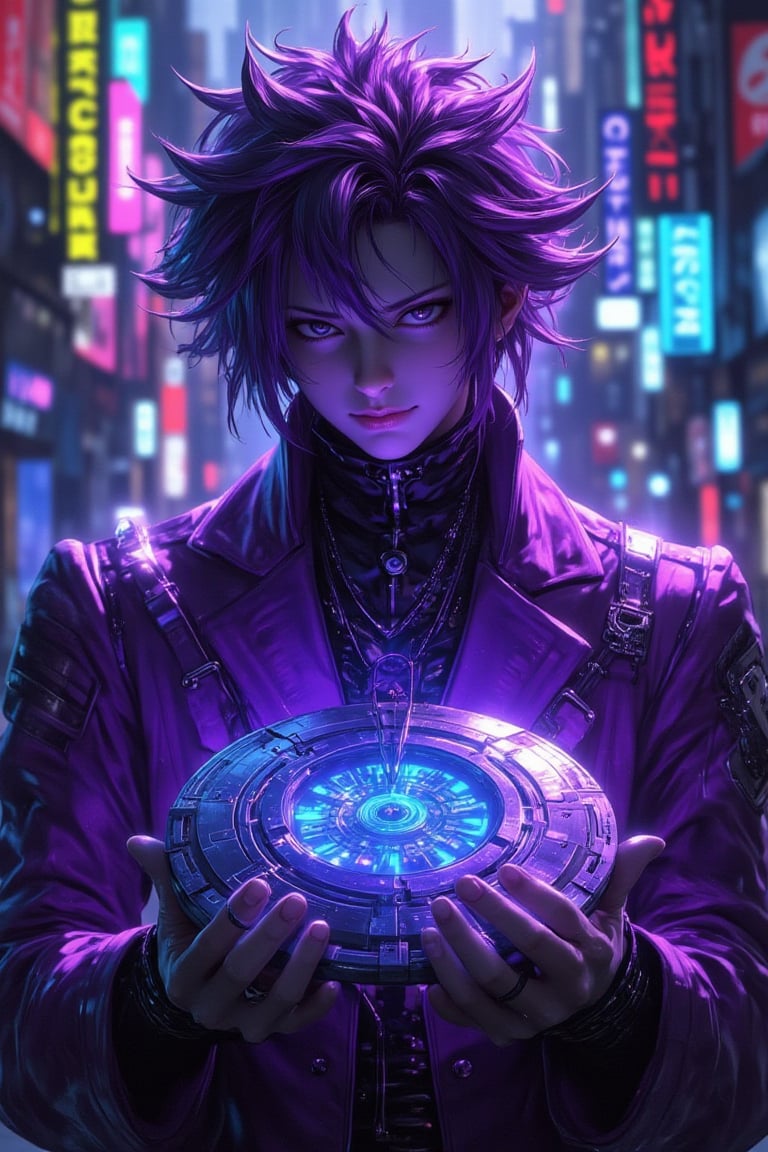 Masterpiece, (8K High Resolution), (Ultra High Resolution 3840 x 2160), (Ultimate Subjective), (12K Ultra High Resolution Wallpaper 8k). An intriguing Yu-Gi-Oh! character named Riven, a strategist known for his mind games. He sports messy, dark purple hair and wears a sleek, high-tech dueling outfit. His duel disk is embedded with holographic displays of intricate gears and puzzles, representing his tactical approach to dueling. Riven’s sly smile hints at his cunning nature, while the background showcases a futuristic cityscape with neon lights and towering buildings, creating an atmosphere of mystery and intrigue.