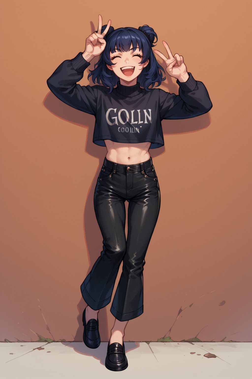 score_9,score_8_up,score_7_up, 
1girl, idol, crop top, leather pants, black pants, ankles, loafers, dynamic pose, simple background, leaning on wall,koling, smile, happy, v sign