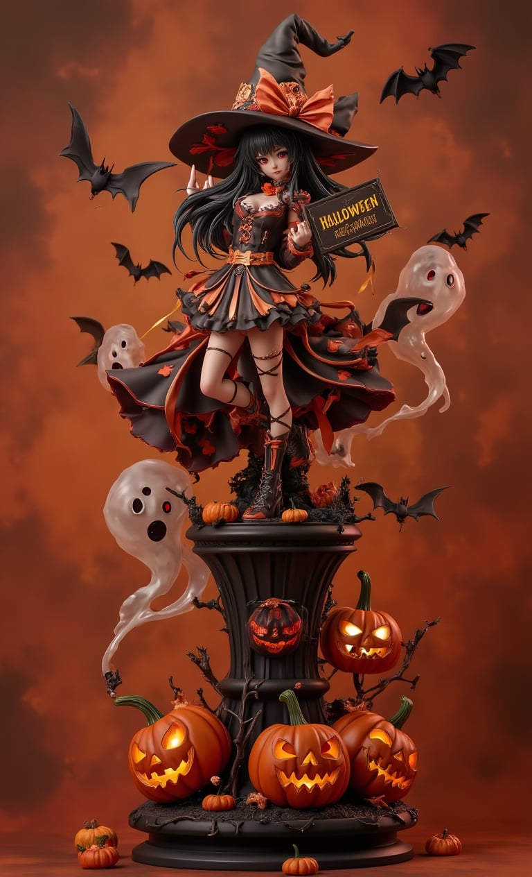 Resin figure about a very beautiful girl, is on a pedestal, halloween costum, halloween background, pumpkin moster, bats, holding a sign, anime girl, sign says “Halloween”, translution ghost surrounding looking at the viewer, masterpiece, 8k, stunning image.