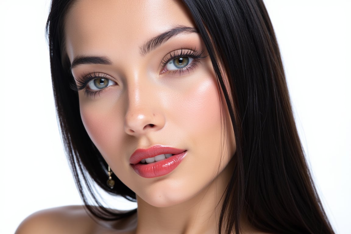  woman 25 years old, long straight hair, thick hair, detailed face, long eyelashes, detailed eyes, red cheeks, glossy skin, elegant woman, healthy skin tone, pretty and beauty woman face marks, (insane beauty woman marks:1.3), pale snow white skin tone, black hair, blue green eyes, rossy cheeks, naturally red lips, 
looking aside, light reflecting hair, (naturally pale white skin:1.3), 
white background, 
detailed, quality, professional camera photo, spotlight, photo session, dramatic lighting on face, 
face close-up, 