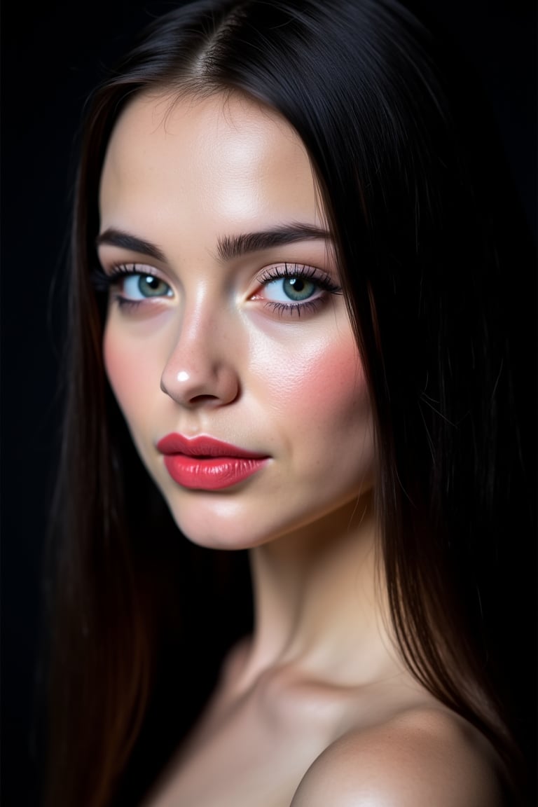  woman 25 years old, long straight hair, thick hair, detailed face, long eyelashes, detailed eyes, red cheeks, glossy skin, elegant woman, healthy skin tone, pretty and beauty woman face marks, (insane beauty woman marks:1.3), pale snow white skin tone, black hair, blue green eyes, rossy cheeks, naturally red lips, light reflecting hair, (naturally snow white skin:1.3), (naturally red cheeks:1.3), 
side view, 
dark background, 
detailed, quality, professional camera photo, spotlight, photo session, dramatic lighting on face, 
face close-up, 