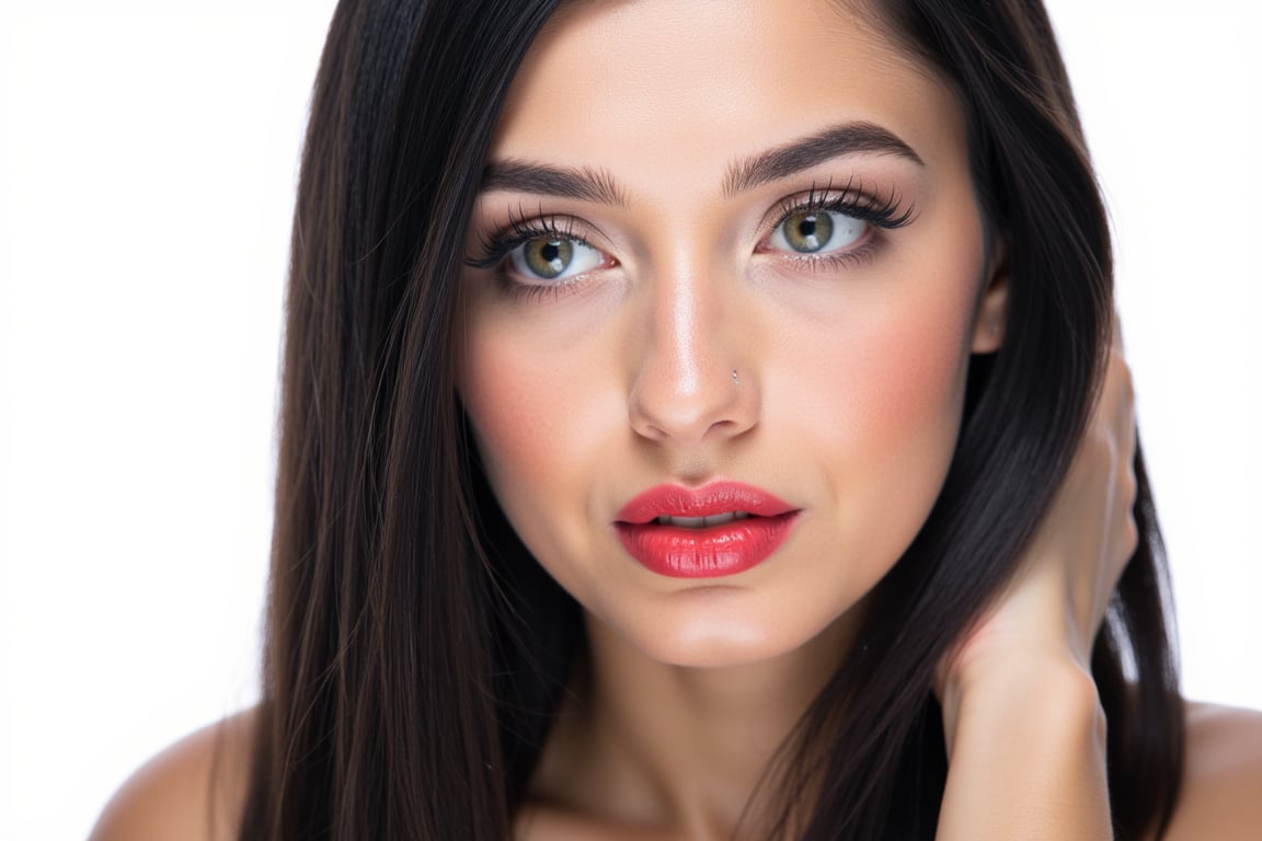  woman 25 years old, long straight hair, thick hair, detailed face, long eyelashes, detailed eyes, red cheeks, glossy skin, elegant woman, healthy skin tone, pretty and beauty woman face marks, (insane beauty woman marks:1.3), pale snow white skin tone, black hair, blue green eyes, rossy cheeks, naturally red lips, 
looking aside, light reflecting hair, (naturally pale white skin:1.3), 
white background, 
detailed, quality, professional camera photo, spotlight, photo session, dramatic lighting on face, 
face close-up, 