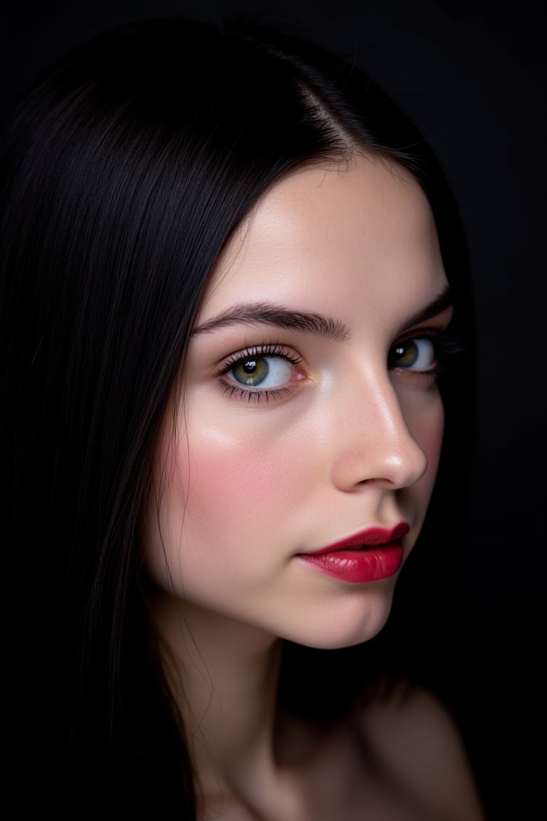  woman 25 years old, long straight hair, thick hair, detailed face, long eyelashes, detailed eyes, red cheeks, glossy skin, elegant woman, healthy skin tone, pretty and beauty woman face marks, (insane beauty woman marks:1.3), pale snow white skin tone, black hair, blue green eyes, rossy cheeks, naturally red lips, light reflecting hair, (naturally snow white skin:1.3), (naturally red cheeks:1.3), 
side view, 
dark background, 
detailed, quality, professional camera photo, spotlight, photo session, dramatic lighting on face, 
face close-up, 