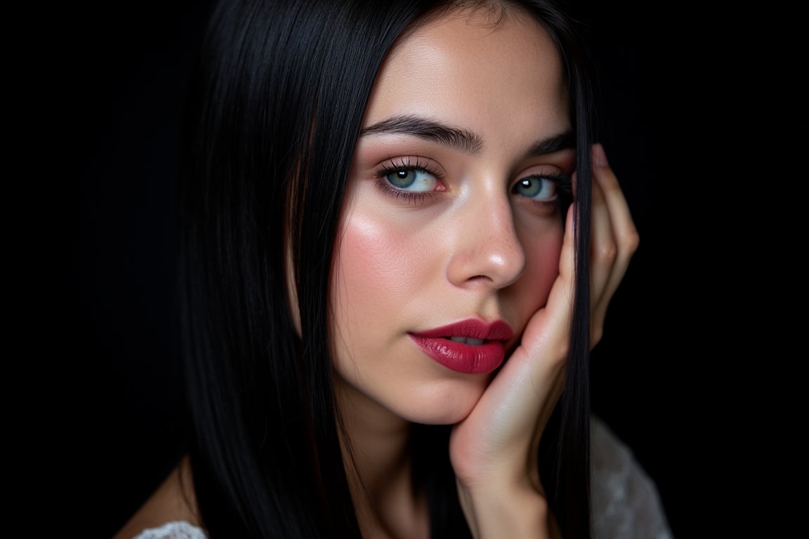  woman 25 years old, long straight hair, thick hair, detailed face, long eyelashes, detailed eyes, red cheeks, glossy skin, elegant woman, healthy skin tone, pretty and beauty woman face marks, (insane beauty woman marks:1.3), pale snow white skin tone, black hair, blue green eyes, rossy cheeks, naturally red lips, 
looking aside, light reflecting hair, (naturally pale white skin:1.3), 
dark background, 
detailed, quality, professional camera photo, spotlight, photo session, dramatic lighting on face, 
face close-up, 