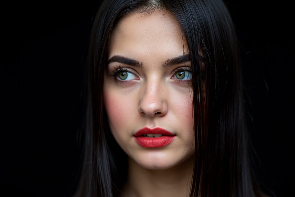  woman 25 years old, long straight hair, thick hair, detailed face, long eyelashes, detailed eyes, red cheeks, glossy skin, elegant woman, healthy skin tone, pretty and beauty woman face marks, (insane beauty woman marks:1.3), pale snow white skin tone, black hair, blue green eyes, rossy cheeks, naturally red lips, 
looking aside, light reflecting hair, (naturally pale white skin:1.3), 
dark background, 
detailed, quality, professional camera photo, spotlight, photo session, dramatic lighting on face, 
face close-up, 