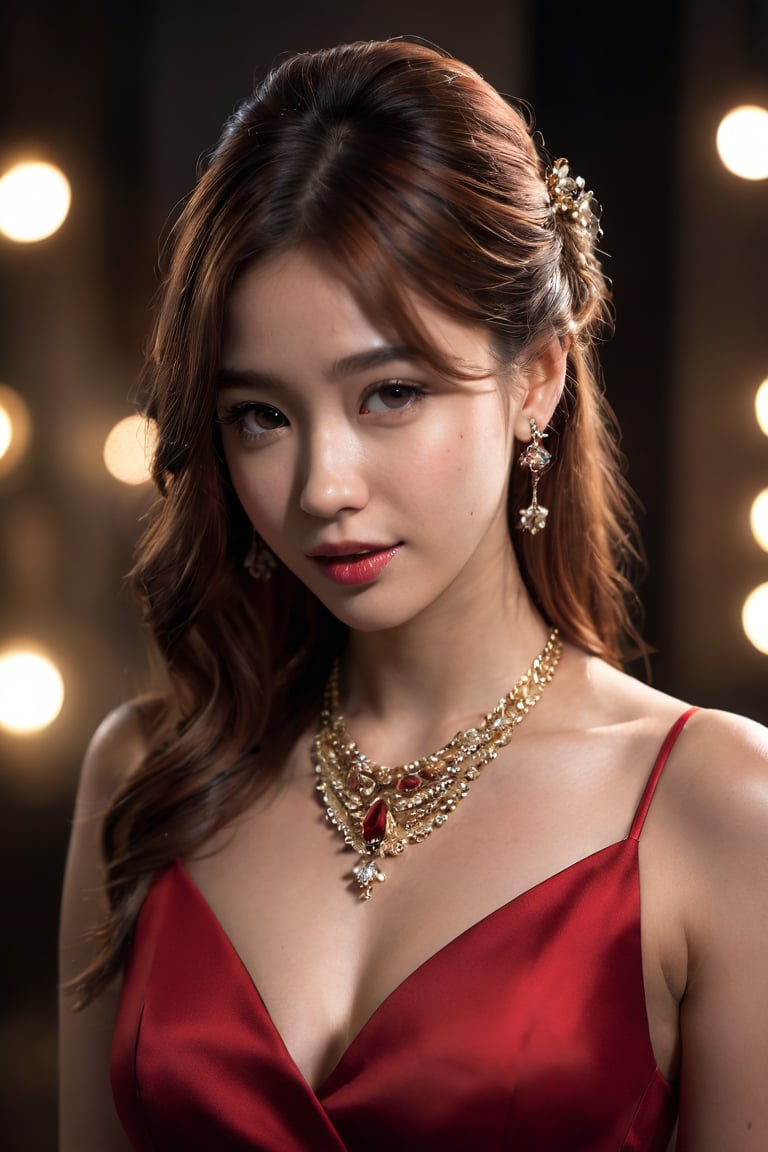 best quality, masterpiece, highres, 1girl,red dress,hair ornament,necklace, jewelry,Beautiful face,upon_body, tyndall effect,photorealistic, dark studio, rim lighting, two tone lighting,(high detailed skin:1.2), 8k uhd, dslr, soft lighting, high quality, volumetric lighting, candid, Photograph, high resolution, 4k, 8k, Bokeh,