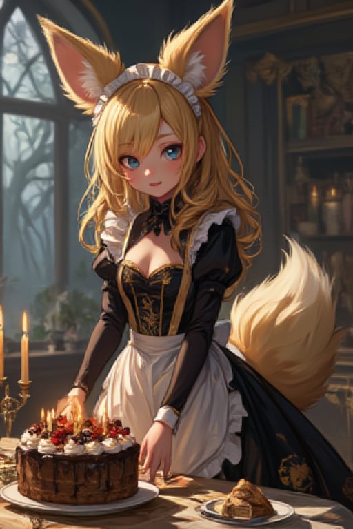 cute anime girl with massive fluffy fennec ears and a big fluffy tail blonde messy long hair blue eyes wearing a maid outfit with a long black gold leaf pattern dress and a white apron mouth open placing a fancy black forest cake with candles on top of a dinner table of an old dark Victorian mansion lit by candlelight with a bright window to the foggy forest and very expensive stuff everywhere there are paintings on the walls