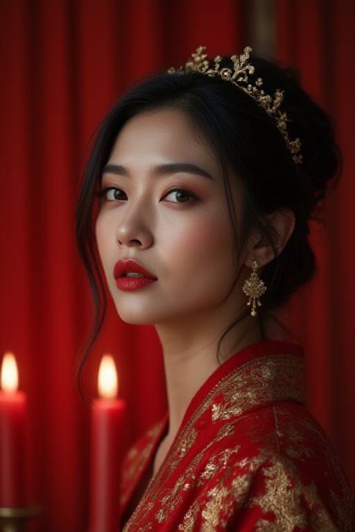 qu (dramatic, gritty, intense:1.4), masterpiece, best quality,8k, insane details, intricate details, hyper quality, high detail, ultra detailed, realistic, a woman in a red and gold dress with a tiara on her head, (solo:1.5), hair stick, blush, shy, black_hair, crown, (2 red candles), chinese_clothes, curtains, earrings, hair_ornament, hanfu, Perfect proportions, indoors, jewelry, long_sleeves, red dress, red lips,(Red quilt),(red palace:1.2), A shot with tension, (sky glows red, Visual impact, giving the poster a dynamic and visually striking appearance:1.2), Chinese Zen style, impactful picture, (upper body:1.5), eyeshadow, eyeliner, red lips, (Lower one's head,Gloom:1.3), detailed eye description, Delicate Faces,(Beautiful and detailed facial depiction), Realistic skin