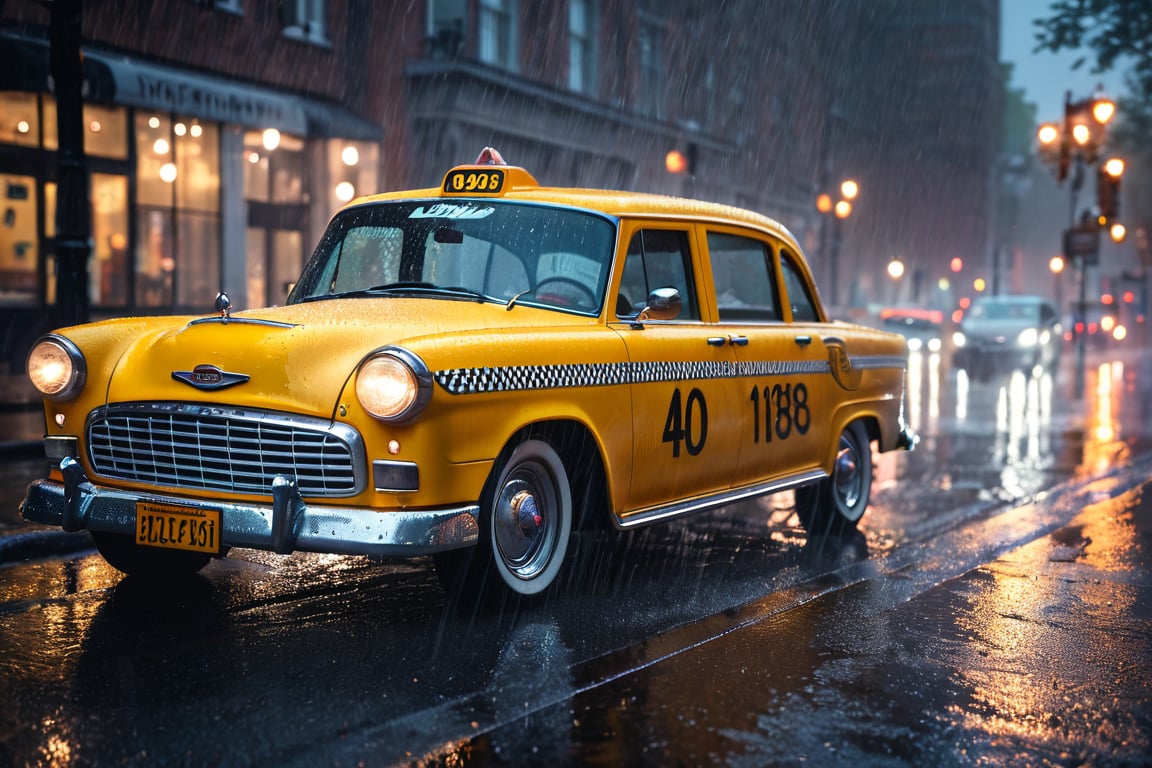 car photography, Checker Taxi, rain, foggy, 8k, 4k, detailed, attractive, beautiful, impressive, photorealistic, realistic, cinematic composition, volumetric lighting, high-resolution, vivid, detailed, stunning, professional, lifelike, crisp, flawless, DSLR, 4k, 8k, 16k, 1024, 2048, 4096, detailed, sharp, best quality, high quality, highres, absurdres, maximum detail, hard rim lighting photography, hyper realism, high detail, 8k, HDR, UHD