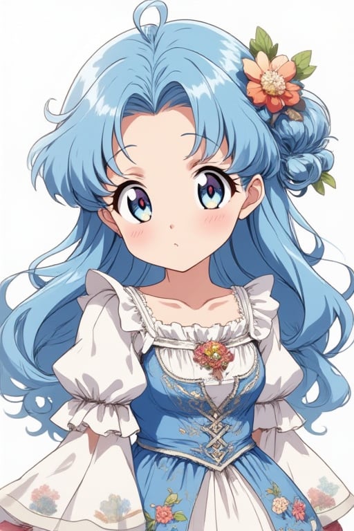 girl is wearing blue hair and is in a flower dress, 1girl, blue hair, solo, dress, blue dress, hair flower, hair ornament, flower, long hair, anime mo artstyle