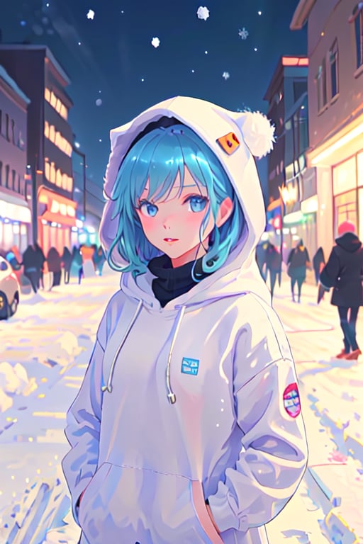 a city street filled with cars and people and some snow, 1girl, hat, looking at viewer, hood, blurry, blue eyes, hood down, motor vehicle, solo, ground vehicle, lips, outdoors, blurry background, pastel colors, kawaii, cute colors, anime style