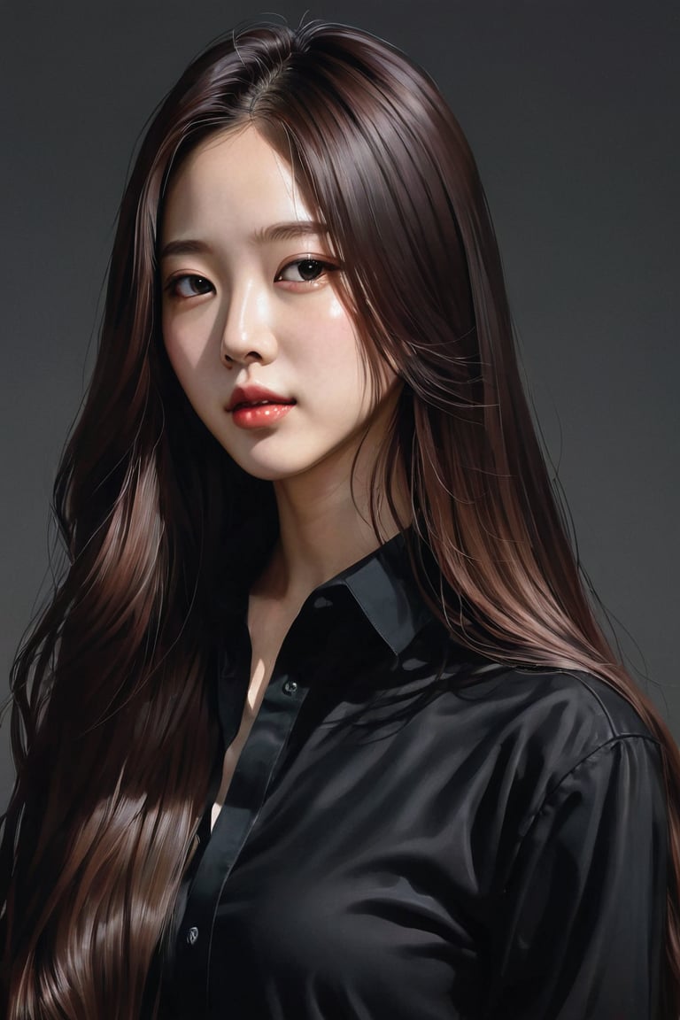 Portrait of a woman with long hair and a black shirt, digital portrait illustration, bowater style, Portrait of Kim Ji-soo from Blackpink, digital portrait, digital art portrait, Realism, high quality portrait, 🤤 portrait of a girl, realistic style, # 1 digital painting of all times, #1 digital painting of all times, glossy digital painting