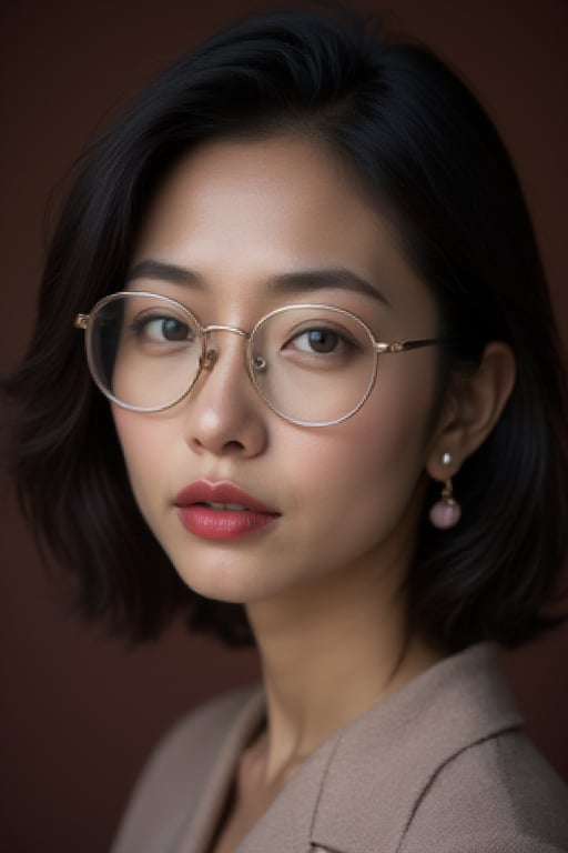 Slightly curly hair, rimless glasses, small spots at the corners of the mouth, / pay attention to the lilac earrings, slightly open mouth, Red lips, Surrealism, high detail, Strong chiaroscuro, film grain, panorama, ultra high resolution, accurate, textured leather, asian