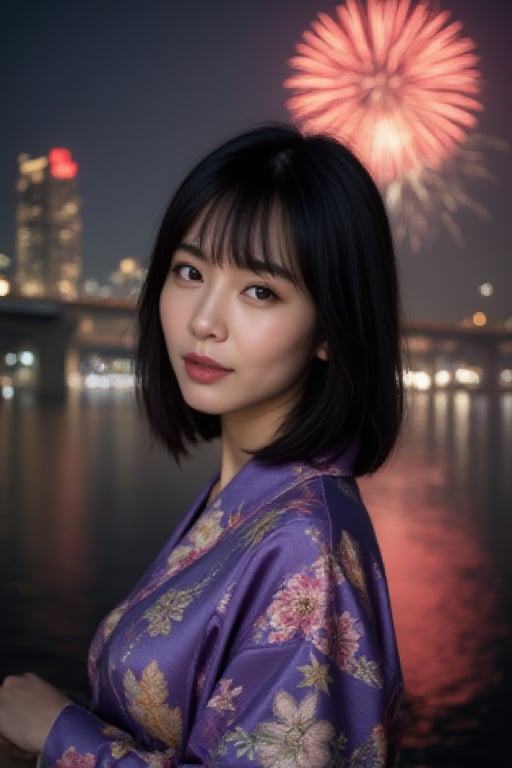 Score_9, score_8_up, score_7_up, masterpiece, best quality, high resolution, reality, 1girl, solo, Japanese girl, happy expression, looking at viewer, upper body, medium hair, black hair, bangs, (purple-blue floral kimono, silky kimono), (night, city river bank background:1.3), (fireworks:1.3)