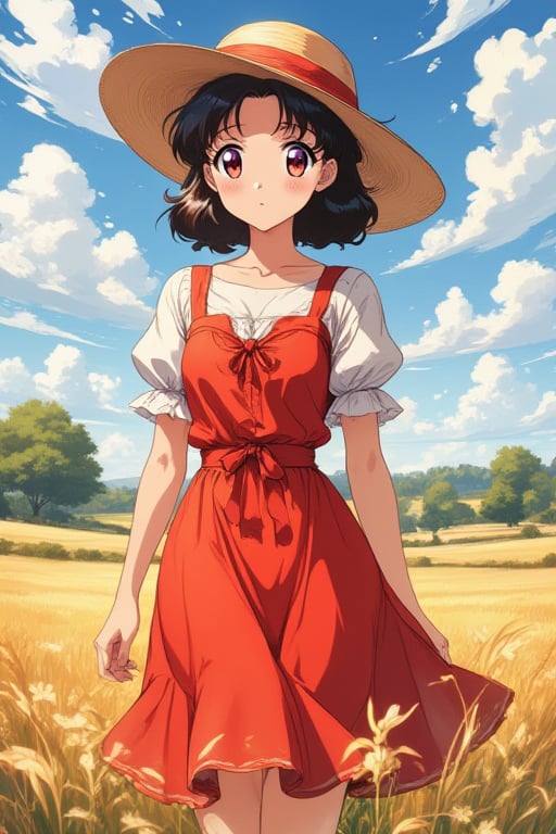 woman, red dress, straw hat, field, sunny,anime mo artstyle