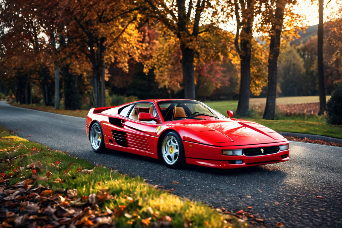 car photography, Ferrari Testarossa, red color, road, 8k, 4k, detailed, attractive, beautiful, impressive, photorealistic, realistic, cinematic composition, volumetric lighting, high-resolution, vivid, detailed, stunning, professional, lifelike, crisp, flawless, DSLR, 4k, 8k, 16k, 1024, 2048, 4096, detailed, sharp, best quality, high quality, highres, absurdres, maximum detail, hard rim lighting photography, hyper realism, high detail, 8k, HDR, UHD