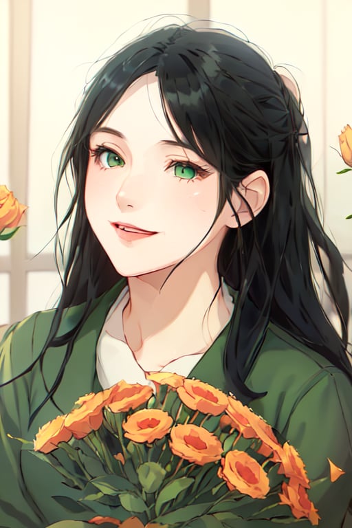 girl, long hair, black hair, green dress, holding flowers,best quality,masterpiece