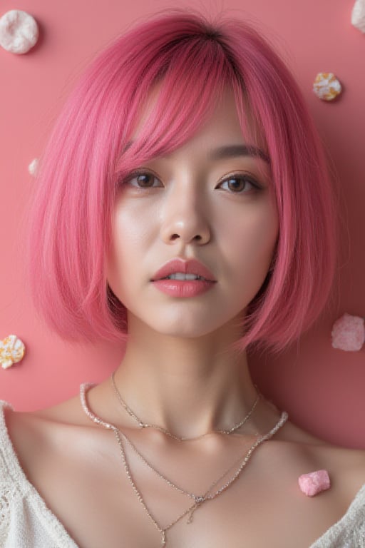 real photograph, Jpop girl that has a y2k vibe with pink bob hair and surrounded by candy, pretty face, 