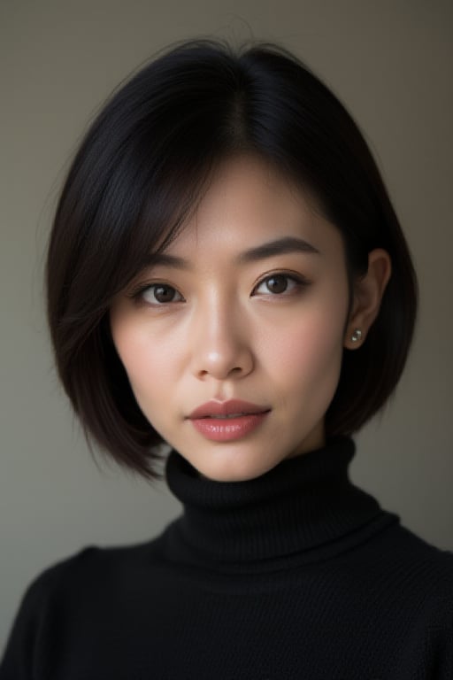 asian woman, bobcut, turtleneck sweater, raw photo, pov