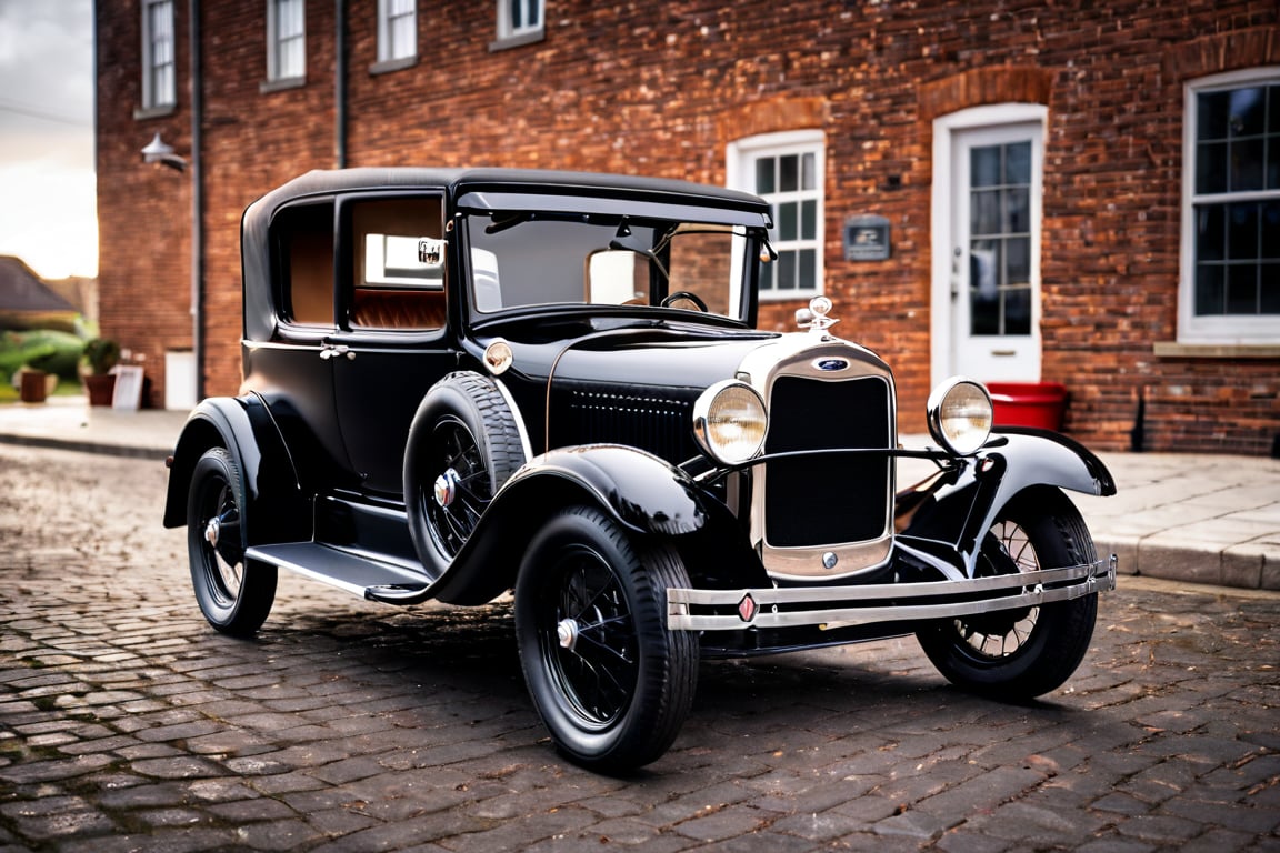 car photography, classic car ford model a  1927, black color, 8k, 4k, detailed, attractive, beautiful, impressive, photorealistic, realistic, cinematic composition, volumetric lighting, high-resolution, vivid, detailed, stunning, professional, lifelike, crisp, flawless, DSLR, 4k, 8k, 16k, 1024, 2048, 4096, detailed, sharp, best quality, high quality, highres, absurdres, maximum detail, hard rim lighting photography, hyper realism, high detail, 8k, HDR, UHD