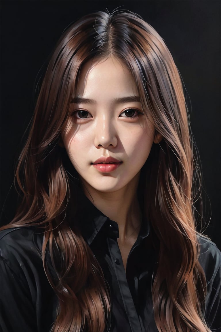 Portrait of a woman with long hair and a black shirt, digital portrait illustration, bowater style, Portrait of Jossy from Blackpink, digital portrait, digital art portrait, Realism, high quality portrait, 🤤 portrait of a girl, realistic style, # 1 digital painting of all times, #1 digital painting of all times, glossy digital painting