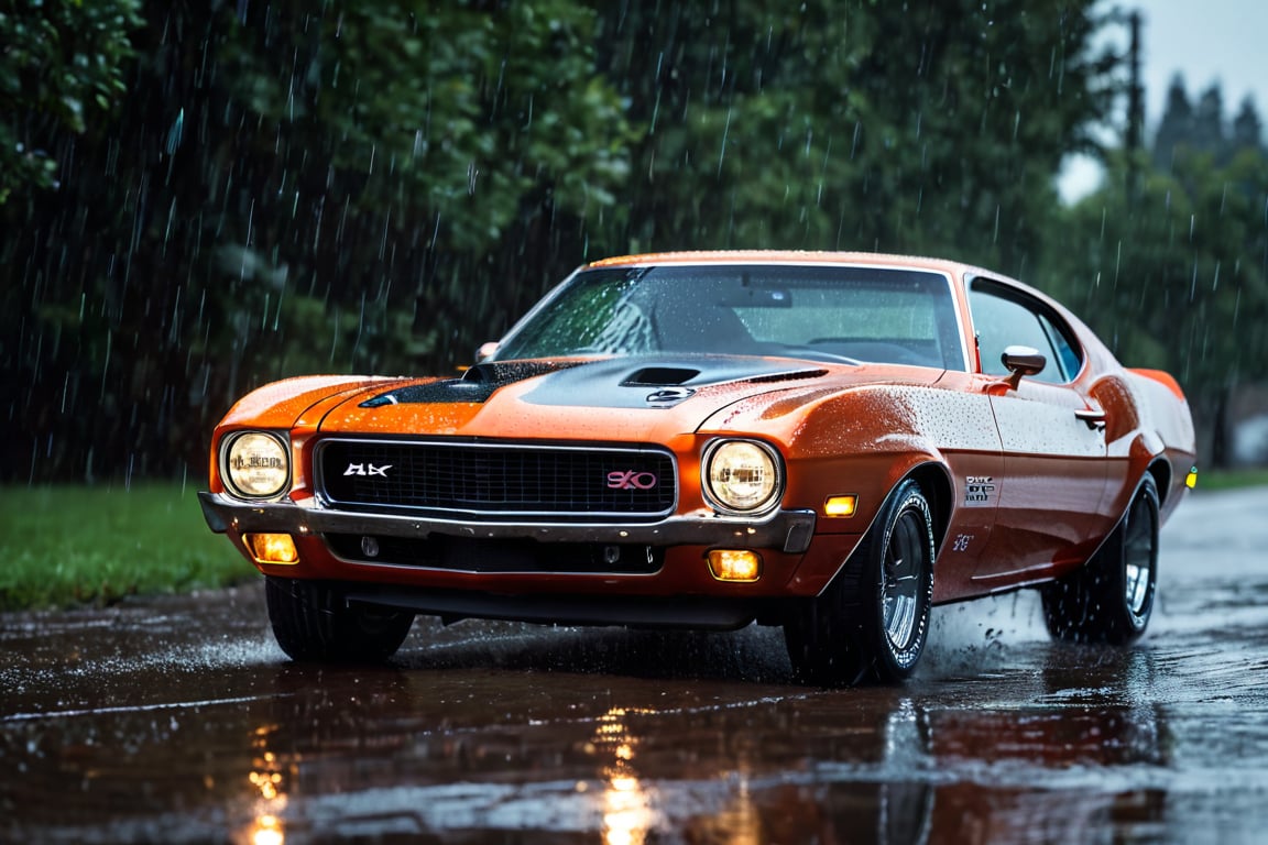 car photography, 1975 Maverick in the rain , 8k, 4k, detailed, attractive, beautiful, impressive, photorealistic, realistic, cinematic composition, volumetric lighting, high-resolution, vivid, detailed, stunning, professional, lifelike, crisp, flawless, DSLR, 4k, 8k, 16k, 1024, 2048, 4096, detailed, sharp, best quality, high quality, highres, absurdres, maximum detail, hard rim lighting photography, hyper realism, high detail, 8k, HDR, UHD