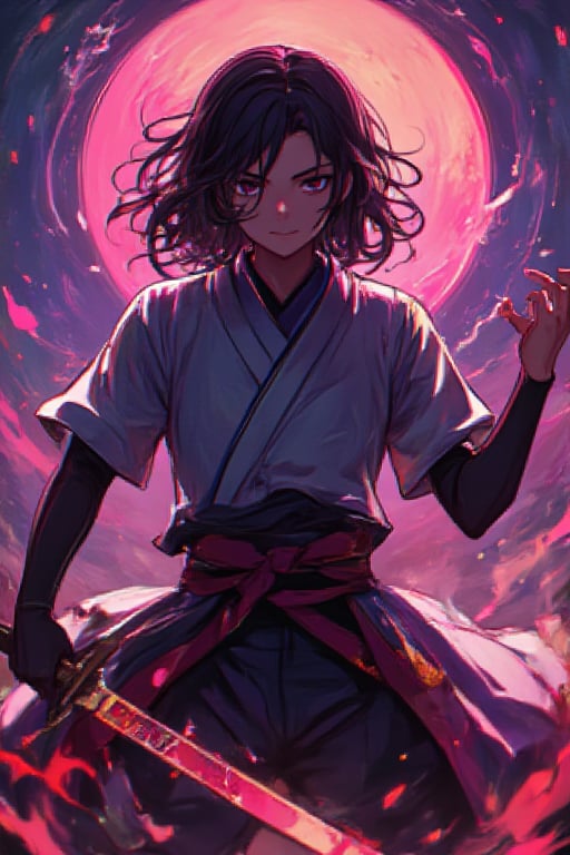 vibrant color, cinematic lights, anime, Demon Slayer: Kimetsu no Yaiba,Sword in both hands